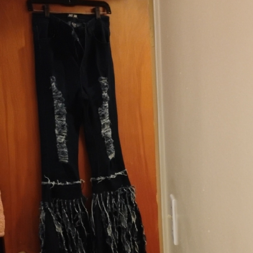 Fringed Distressed Blue Jeans
